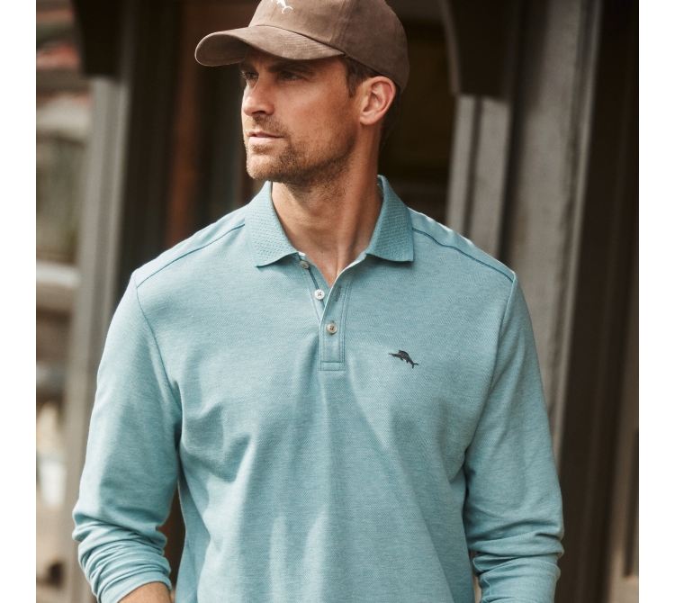 Man wearing Emfielder Icon Polo Long-Sleeve Shirt