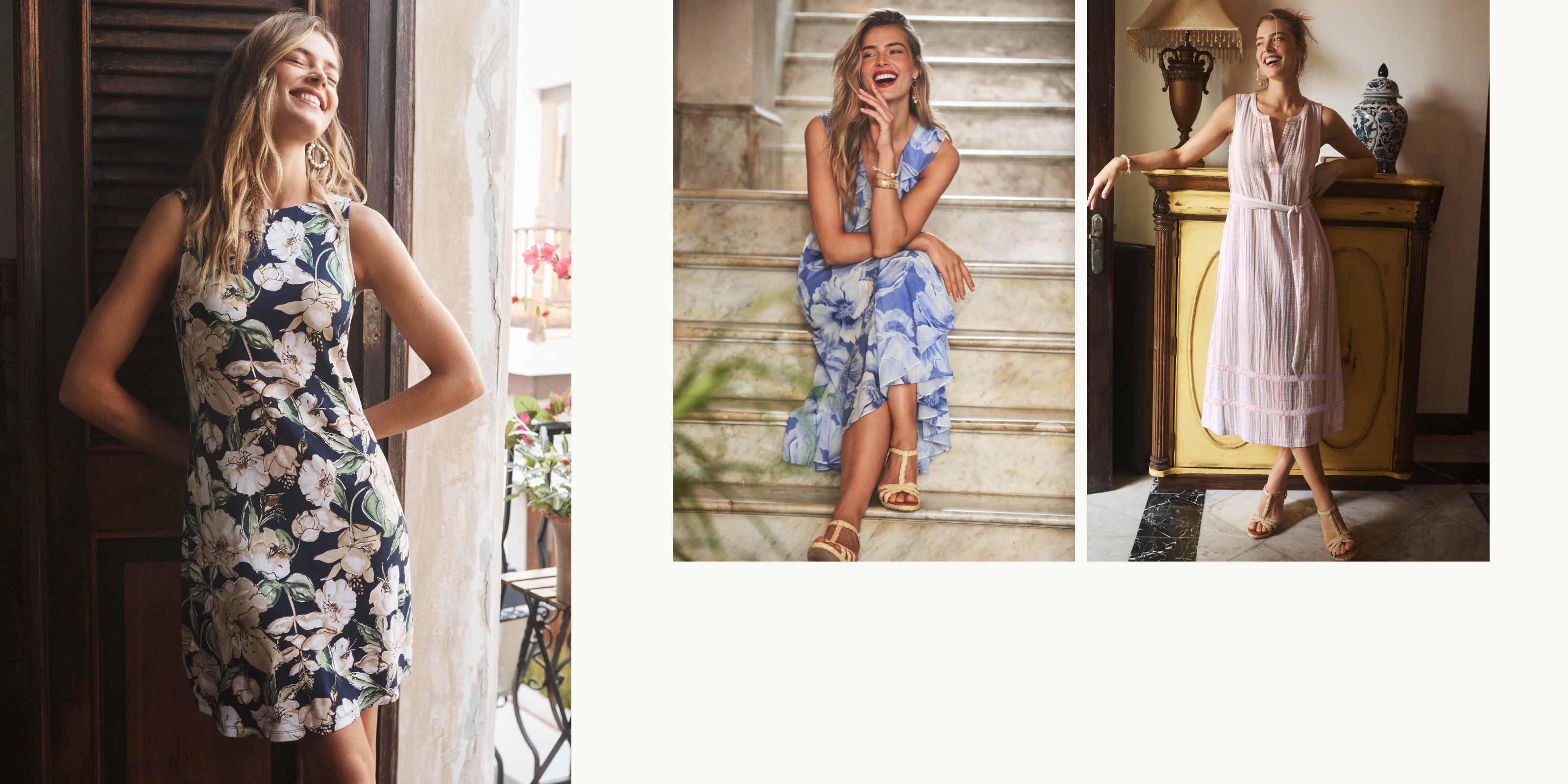 Three women wearing Tommy Bahama summer dresses
