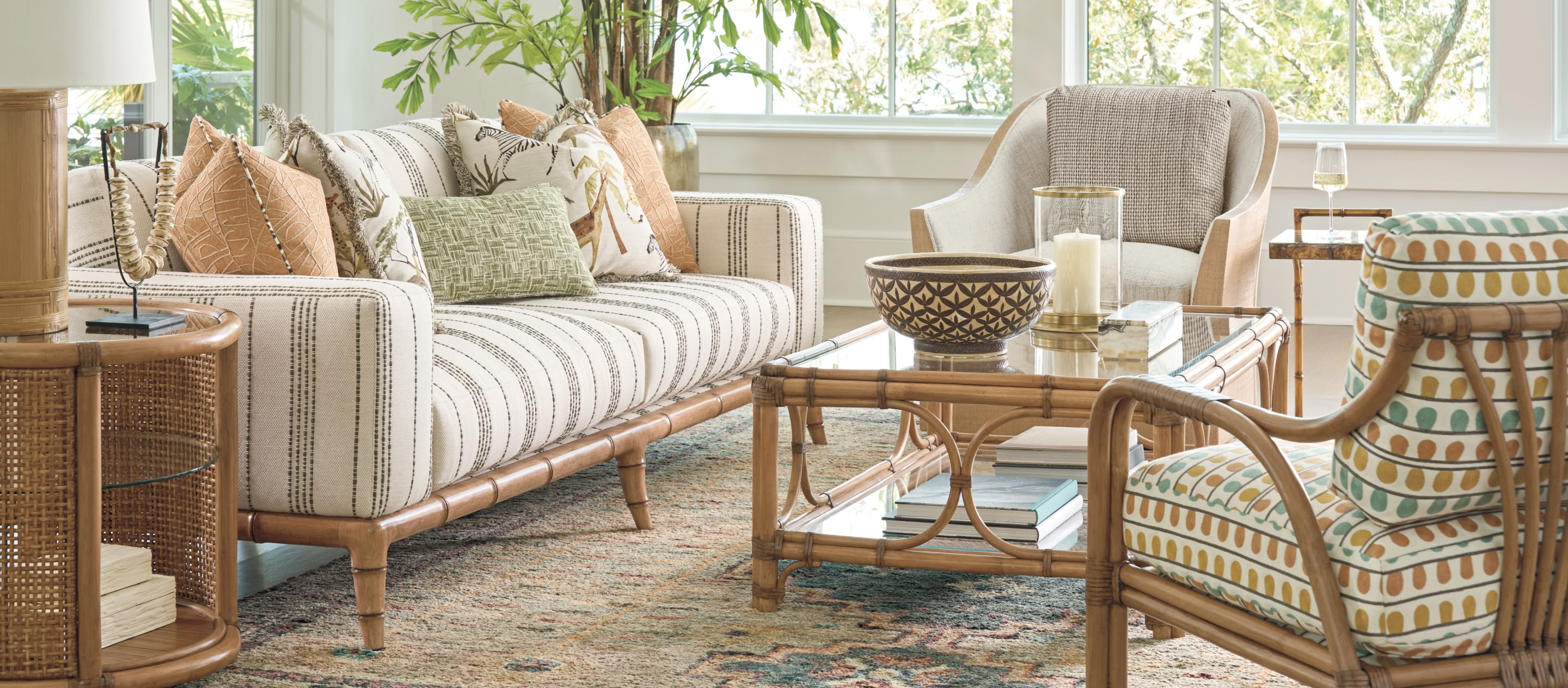 Bright living room with Tommy Bahama furniture and decor