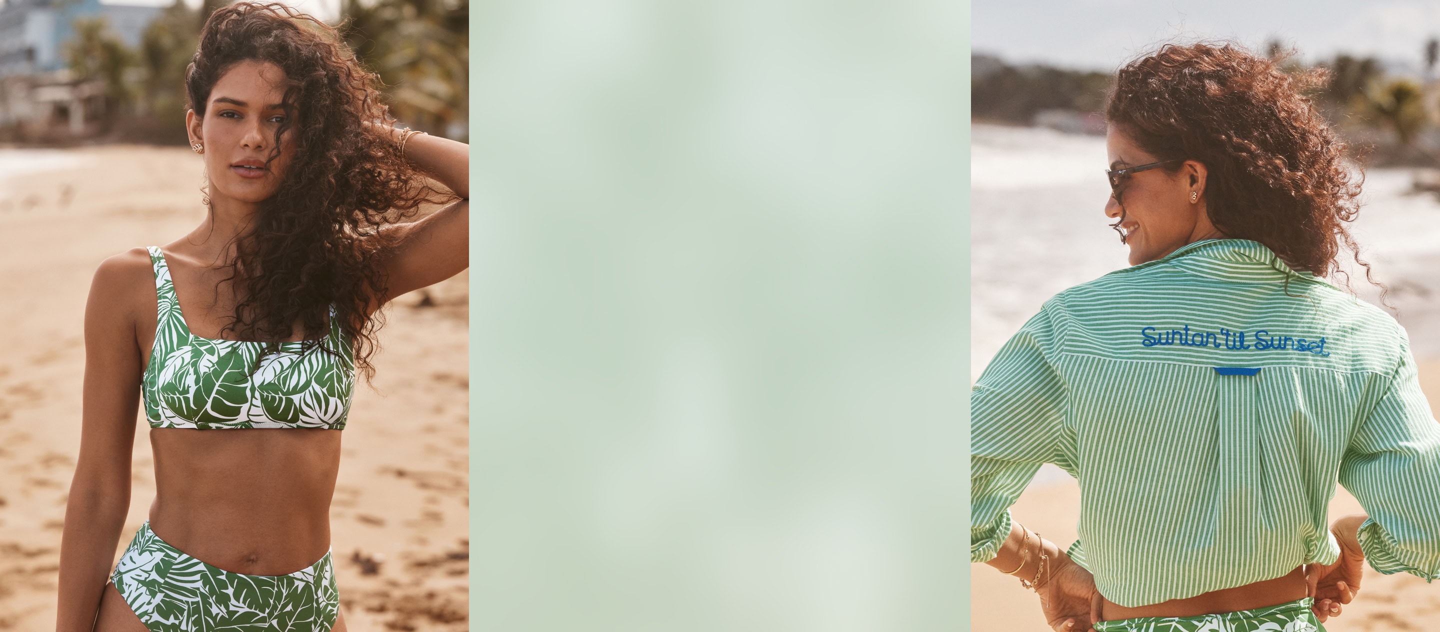 Two women styled in green swimwear and coverups on the beach