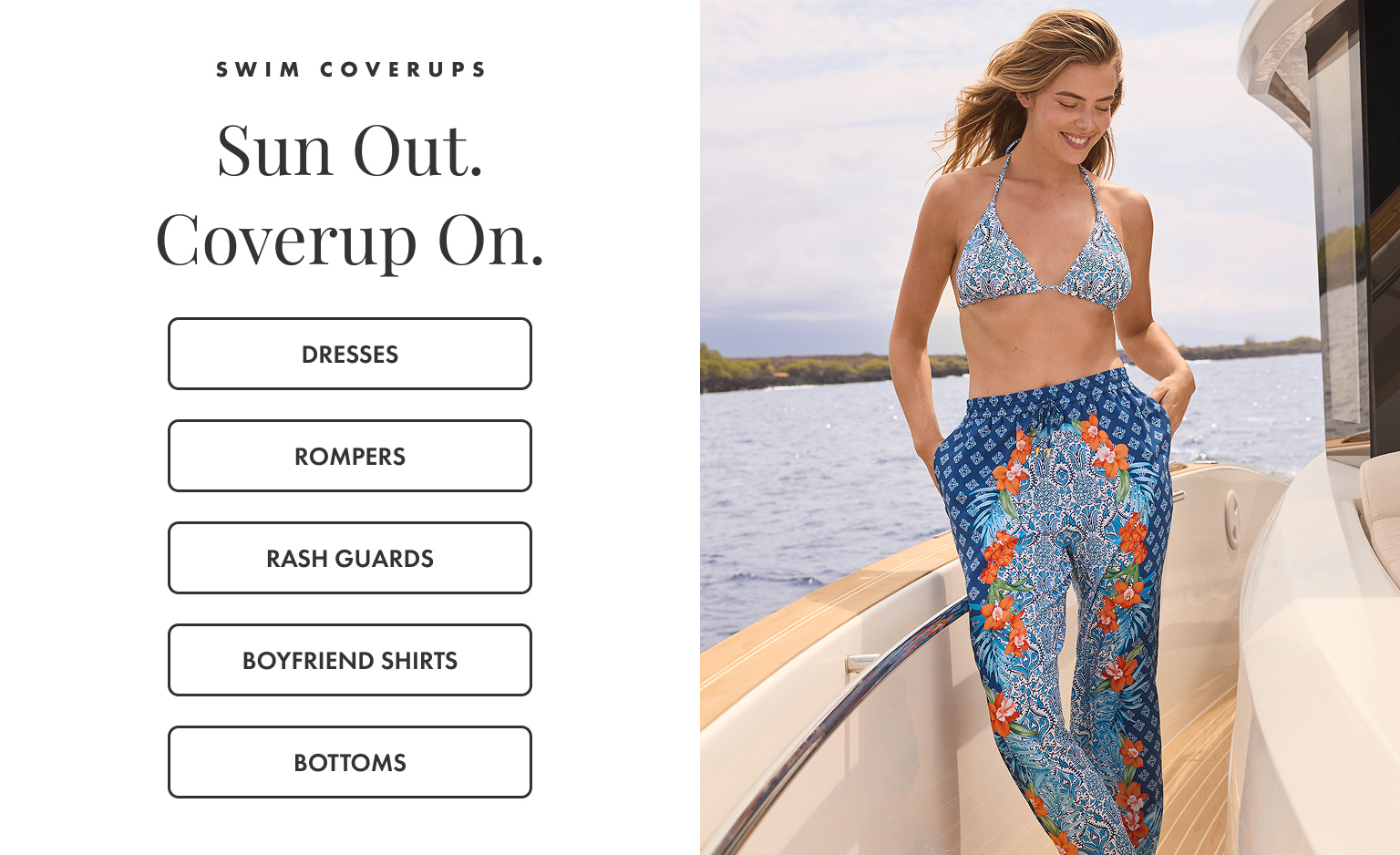 Swim Coverups - Dresses, Rompers, Rash Guards, Boyfriend Shirts & Bottoms