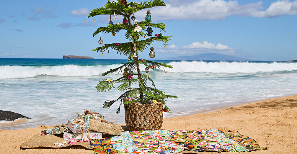 Single Small Decorated Pine Tree On The Beach