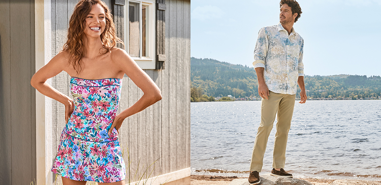 Woman in Tommy Bahama Swimsuit and Man Standing on Rock in Boracay Chinos