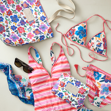 Pink Tommy Bahama bikinis and matching ALOHA print bags