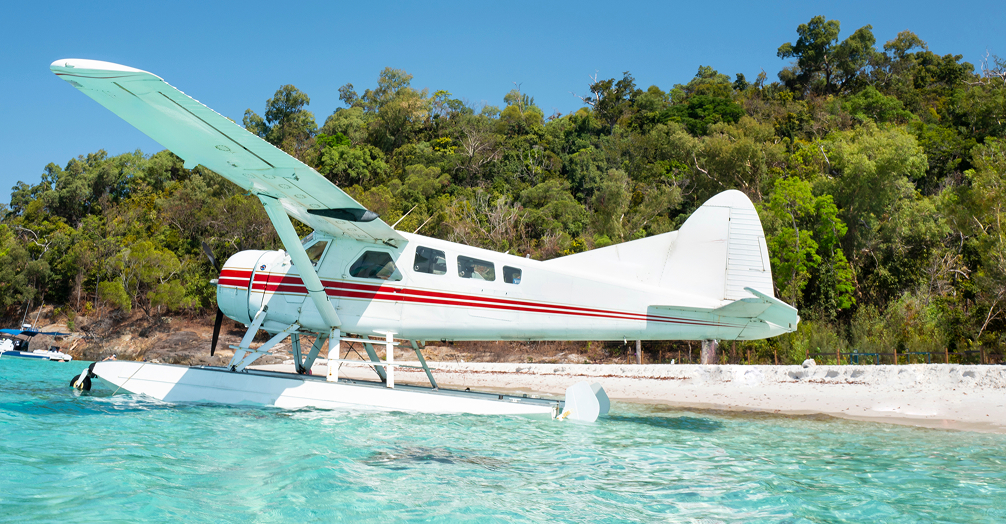 Seaplane floating next to a beach