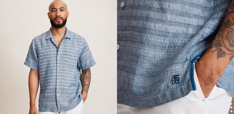 Blue Woven Linen Mens Short-Sleeve Shirt